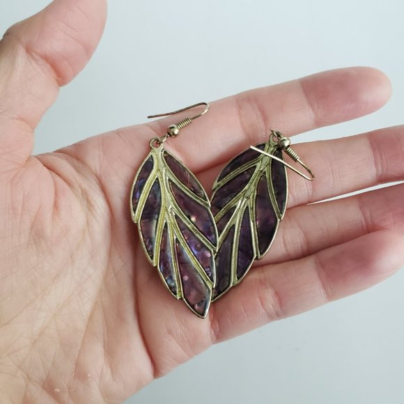 Colorful Shell Purple Leaf Shaped Dangle Earrings - Picture 5 of 8